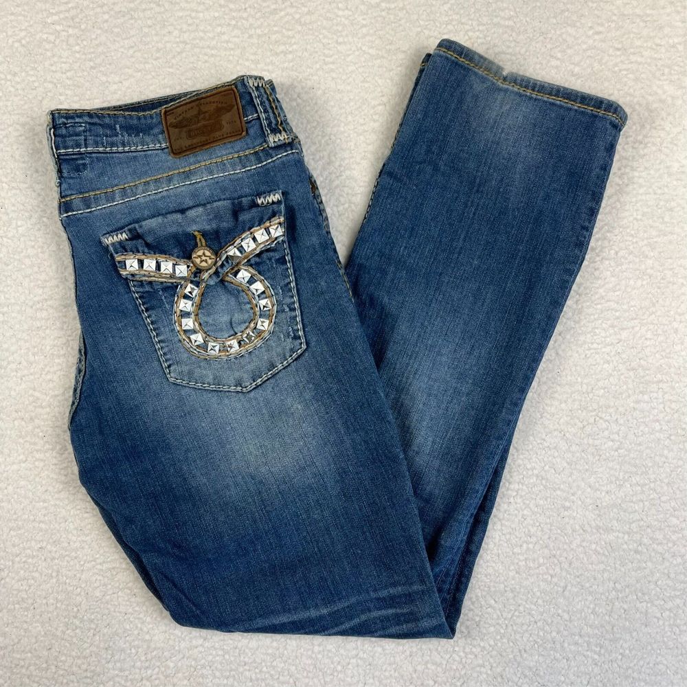 Big Star Women's Jeans 32r Bootcut Rhinestone Pocket Distressed Denim Nina